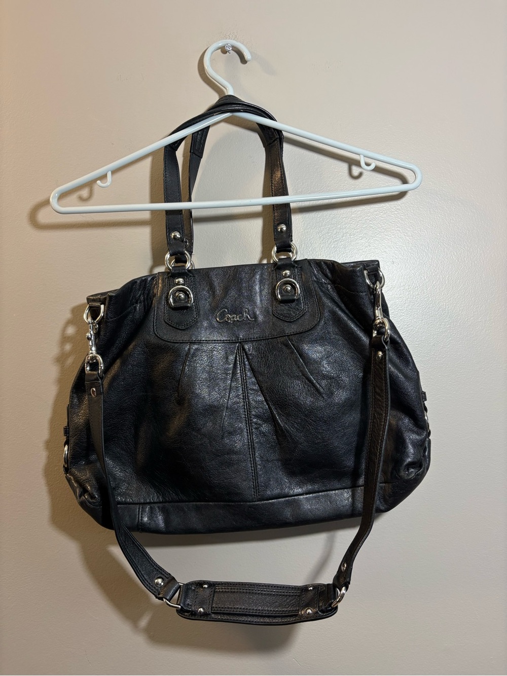 Coach Black Leather Shoulder Tote with Removable Strap